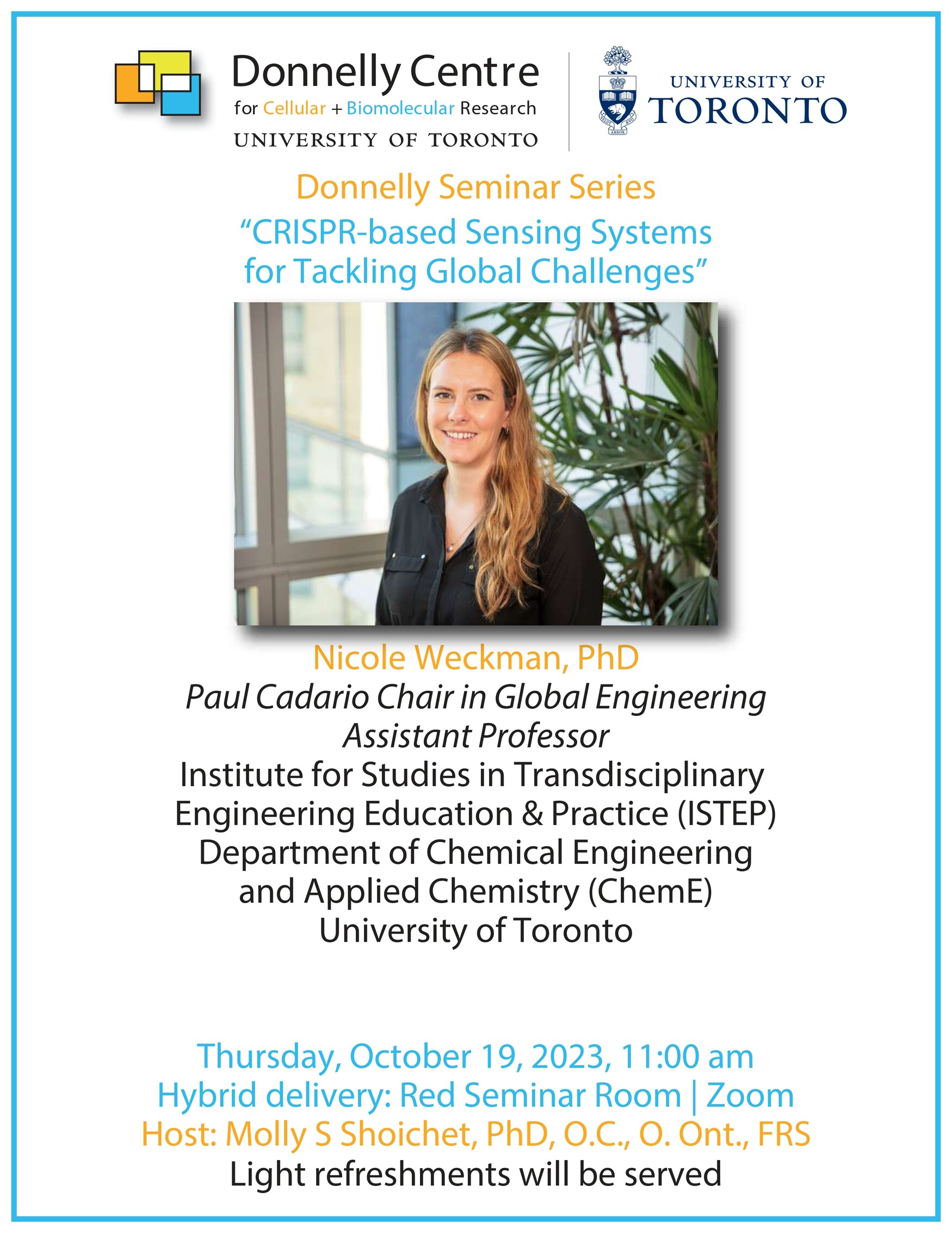 Poster for Donnelly Centre Seminar on "CRISPR-Based Sensing Systems for Tackling Global Challenges"